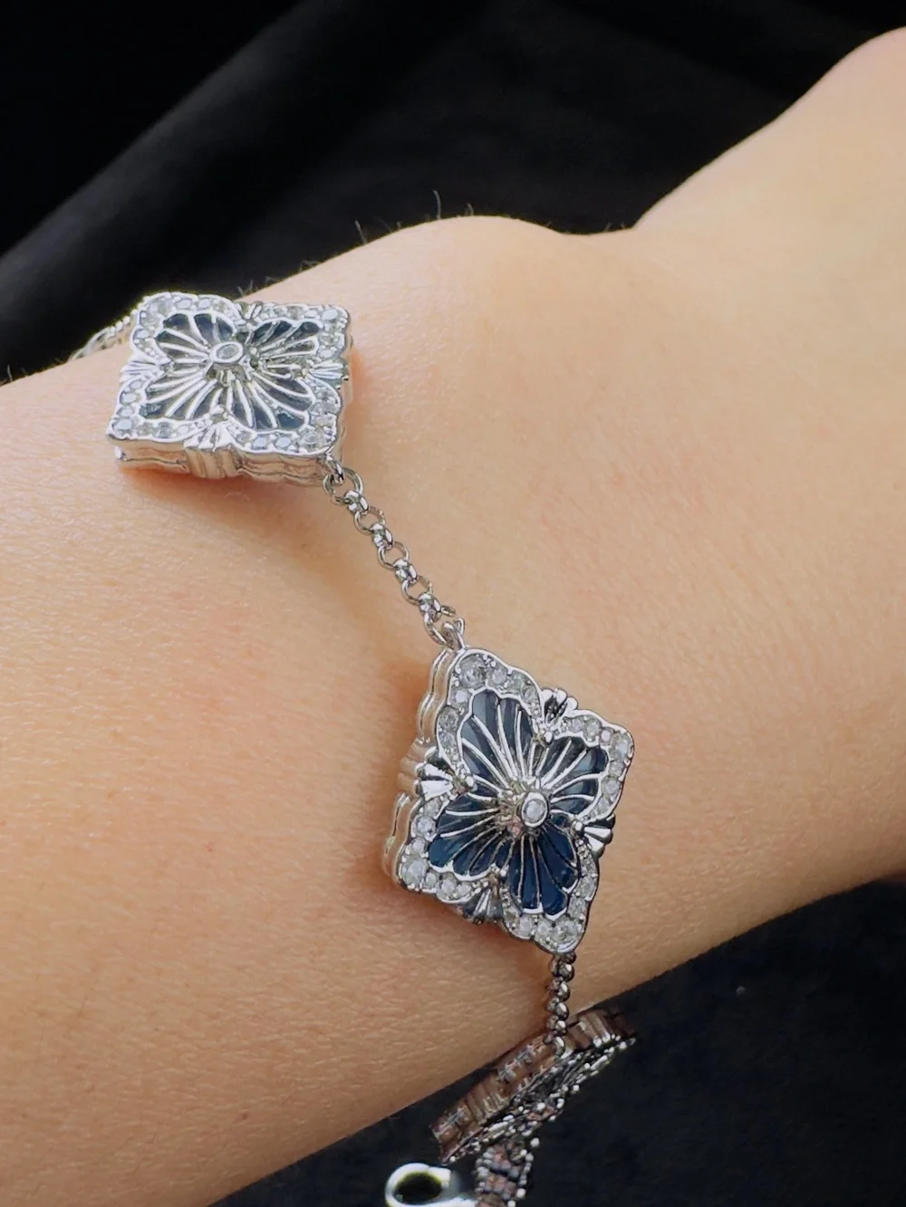 Silver Floral Square Link Bracelet - Women's Jewelry— blue